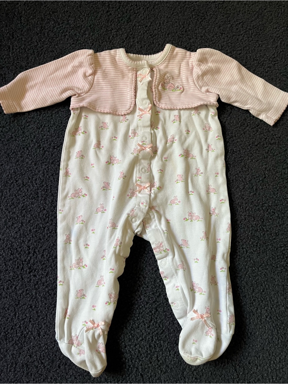Little Me Cream and Pink Floral Footed One-Piece w Bows